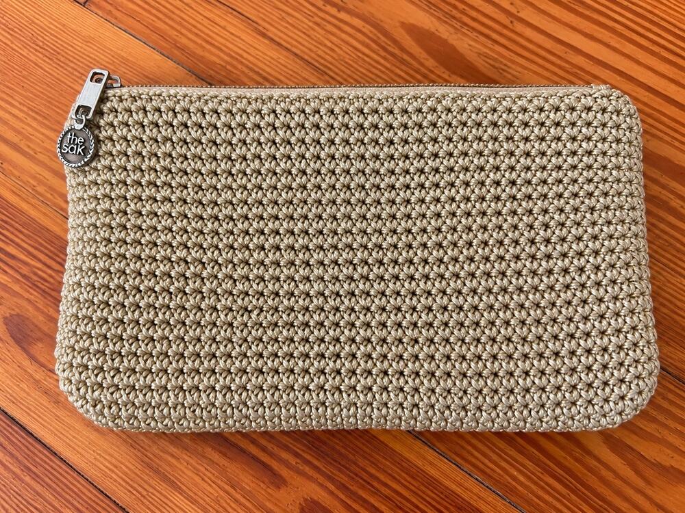 The Sak Crochet Cosmetic Bag Metallic Champagne Gold Zip Pouch Clutch 11”